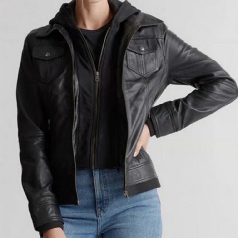 Quince Women’s Black Leather Jacket with Hood Insert